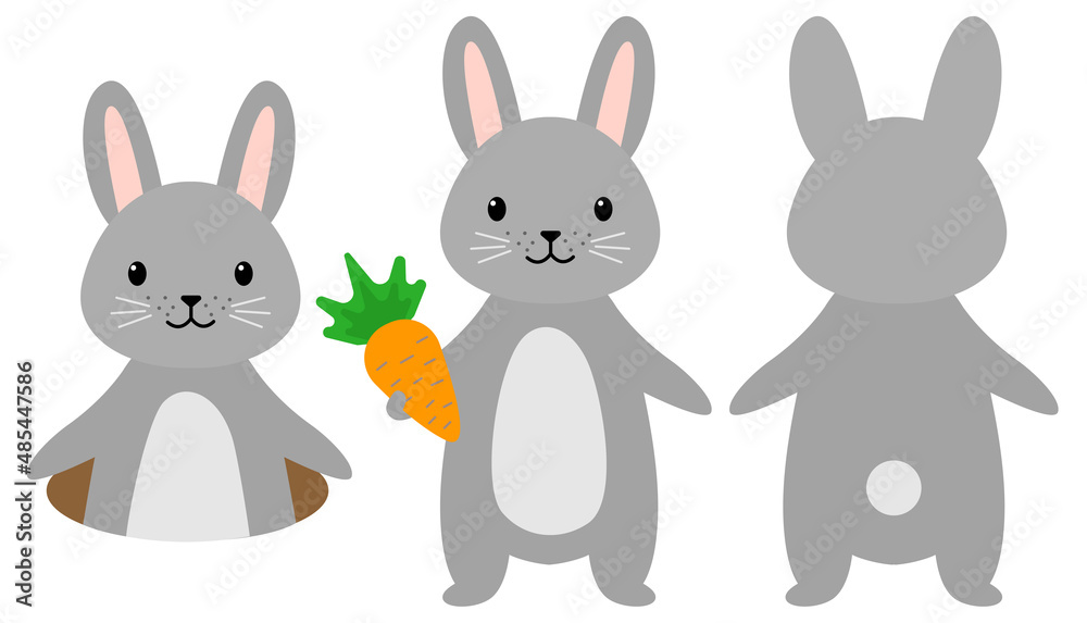 Rabbits cute cartoon set. Bunnies climbed into the hole, the back side of the beast, the hare is holding a carrot. Pet with a cute muzzle and tummy isolated on white background. Vector illustration Rabbits cute cartoon set. Bunnies climbed into the hole, the back side of the beast, the hare is holding a carrot. Pet with a cute muzzle and tummy isolated on white background. Vector illustration