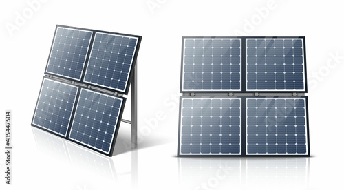 3d realistic vector icon set.  Alternative solar energy panel in side and front view.