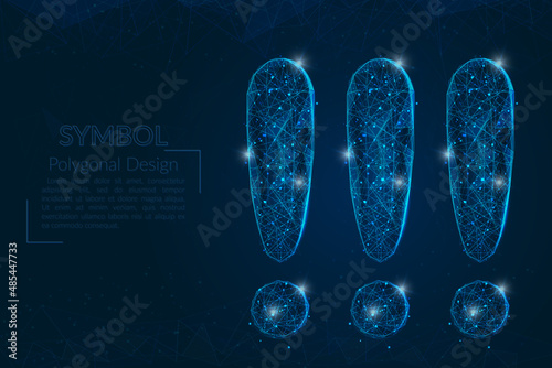 Abstract isolated blue image of a exclamation mark. Polygonal illustration looks like stars in the blask night sky in spase or flying glass shards. Digital design for website, web, internet.