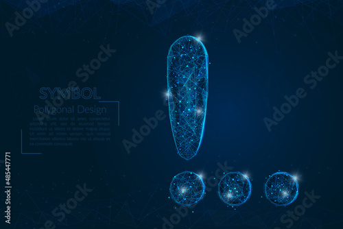 Abstract isolated blue image of a exclamation mark. Polygonal illustration looks like stars in the blask night sky in spase or flying glass shards. Digital design for website, web, internet.