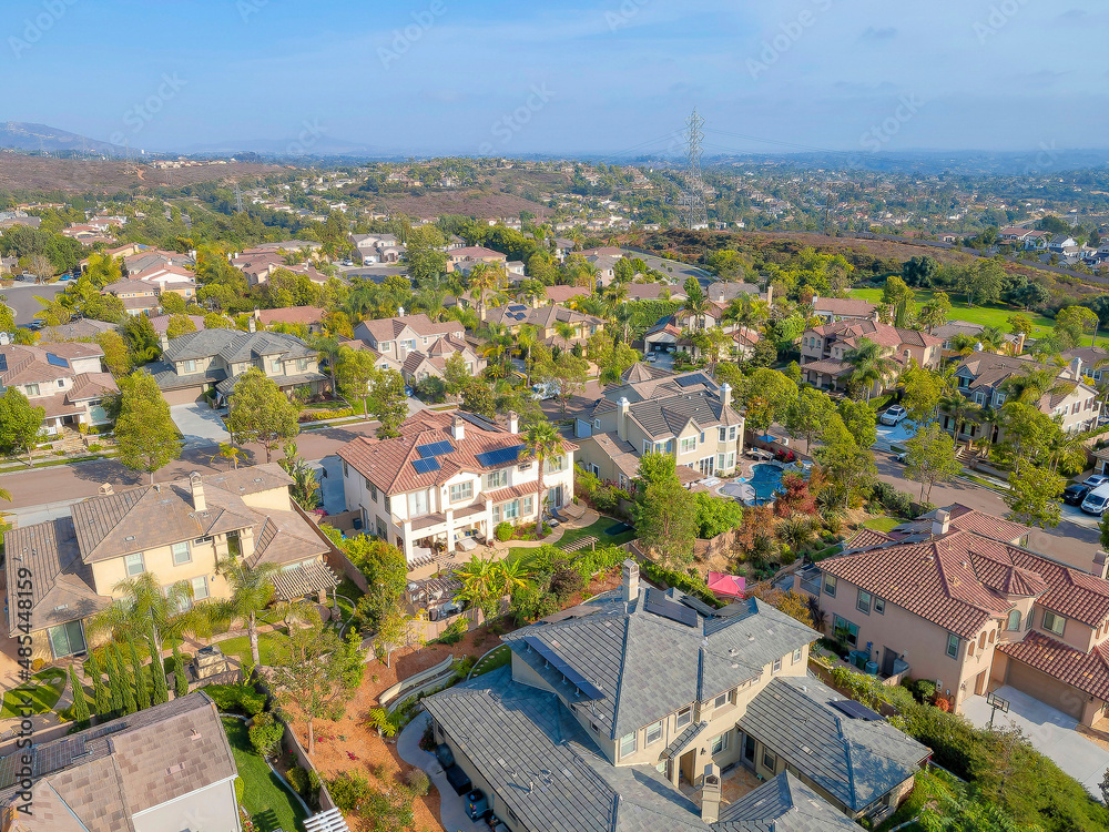 Upper class community in a high angle view at Double Peak Park in San Marcos, California