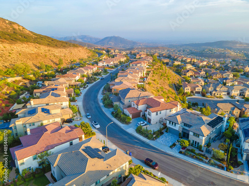Residential area beside the mountains with roads at San Marcos, California