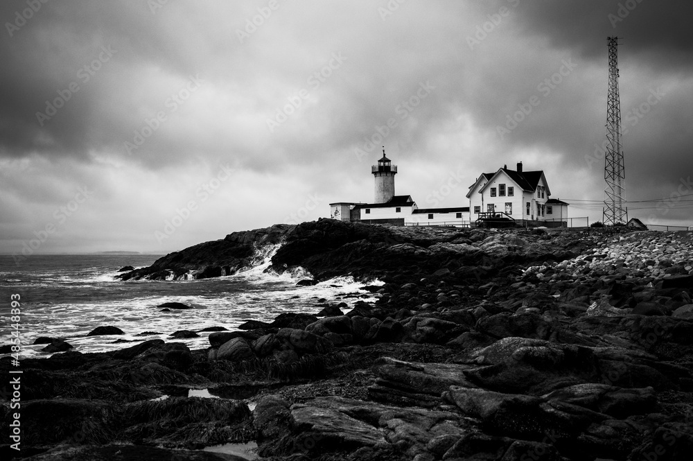 Lighthouse on stormy day in black and white