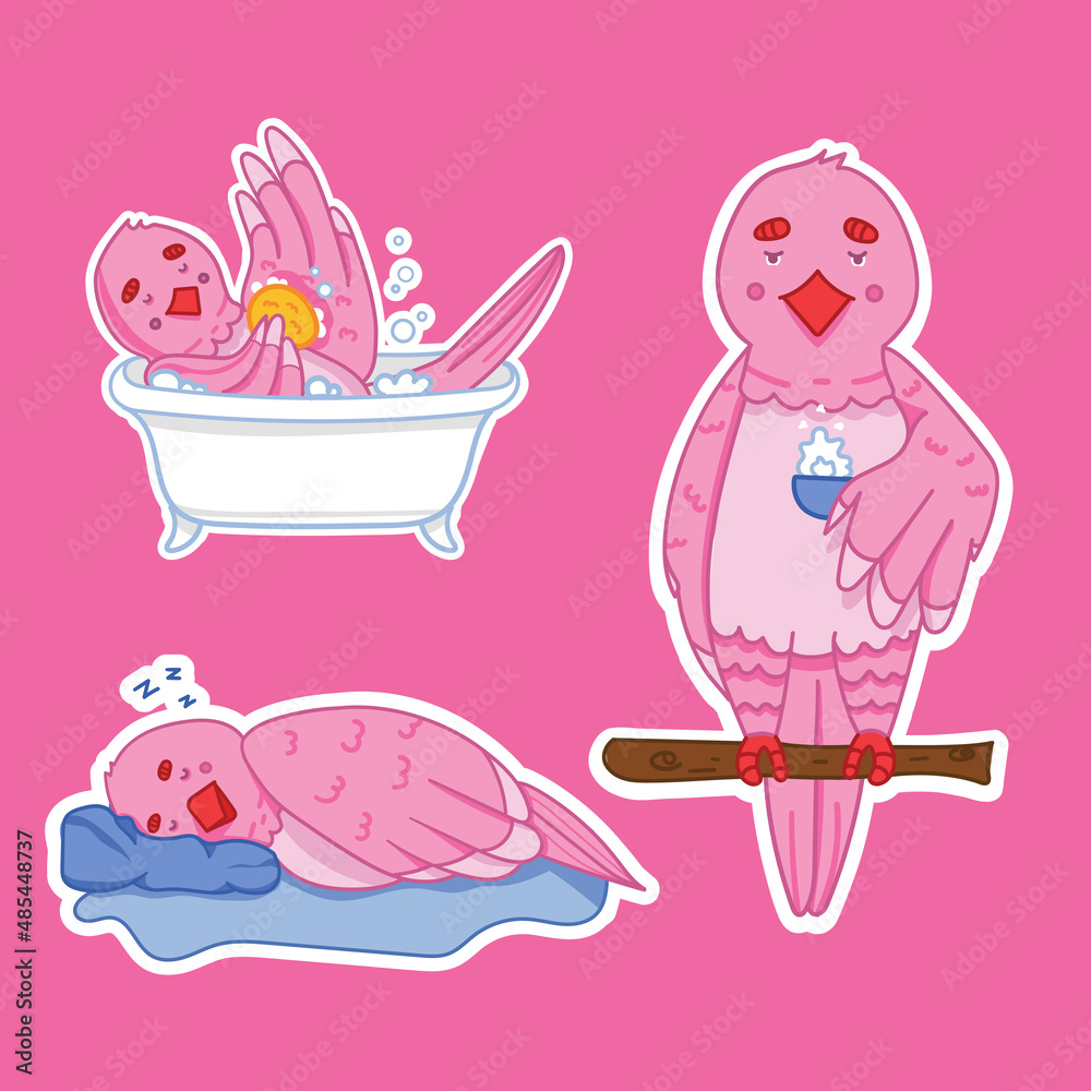 Set of stickers vector baby cute cartoon bright birds sleeps, drinks coffee, washes in the bathroom Set of stickers vector baby cute cartoon bright birds sleeps, drinks coffee, washes in the bathroom