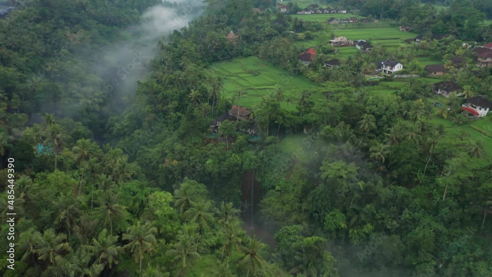 Tropical river valley with light clouds and countryside Bali buildings, aerial Tropical river valley with light clouds and countryside Bali buildings, aerial