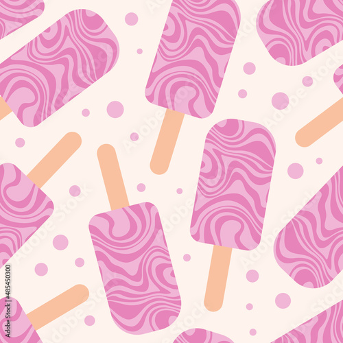 Summer seamless pattern with sweet pink ice cream. Vector design for textile, wrapping paper, greeting cards.