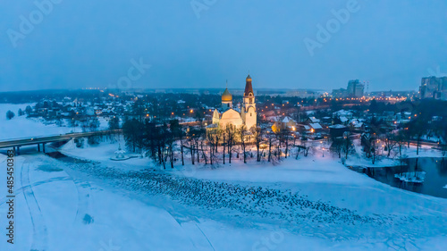 Church of the Holy Apostles Peter and Paul. Russia. Aerial photo shooting.