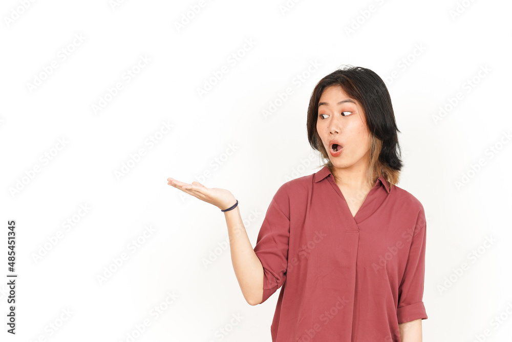Showing and Presenting Product on Open Palm Of Beautiful Asian Woman Isolated On White Background Showing and Presenting Product on Open Palm Of Beautiful Asian Woman Isolated On White Background