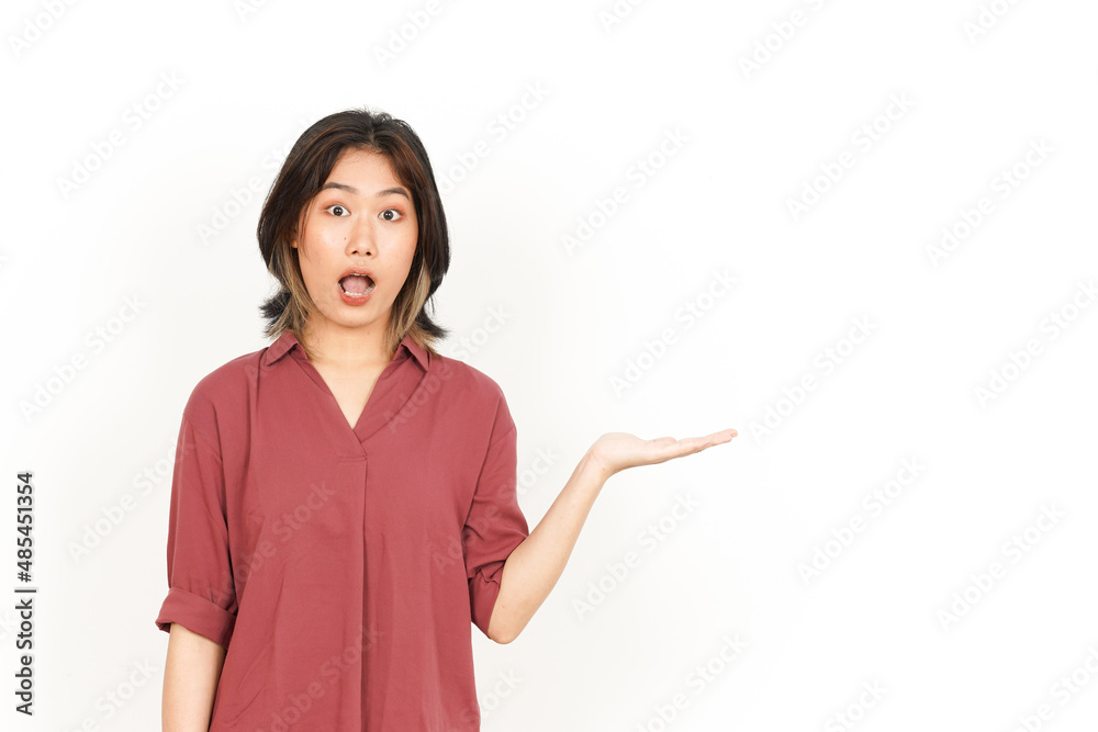 Showing and Presenting Product on Open Palm Of Beautiful Asian Woman Isolated On White Background