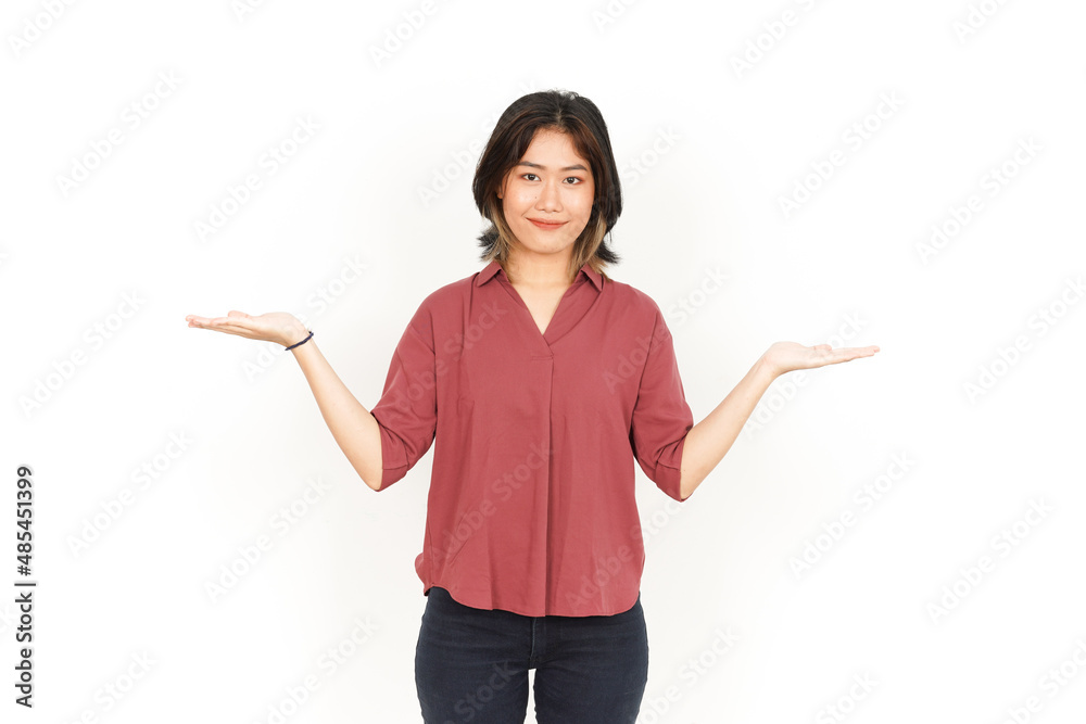 Showing Two Product on Open Palm Of Beautiful Asian Woman Isolated On White Background Showing Two Product on Open Palm Of Beautiful Asian Woman Isolated On White Background