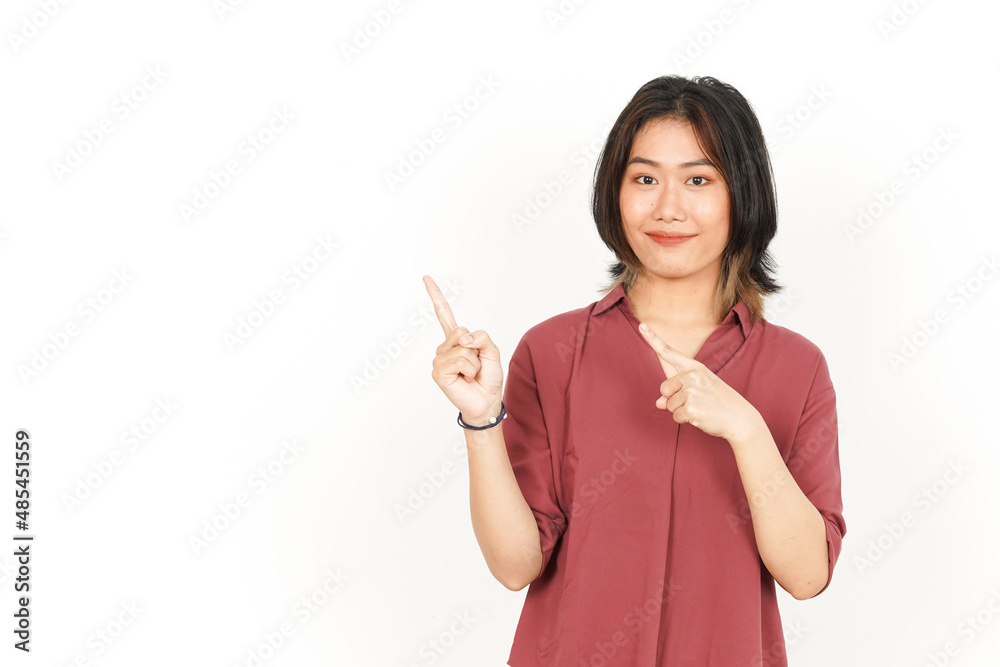 Showing Product and Pointing Side Of Beautiful Asian Woman Isolated On White Background
