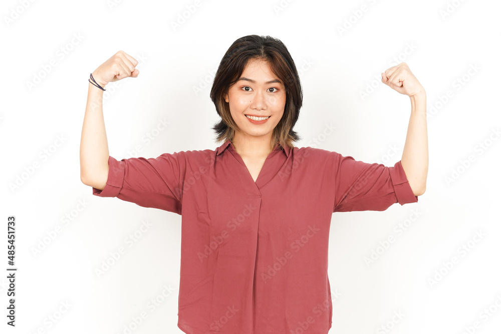Showing Strength Arms Of Beautiful Asian Woman Isolated On White Background Showing Strength Arms Of Beautiful Asian Woman Isolated On White Background