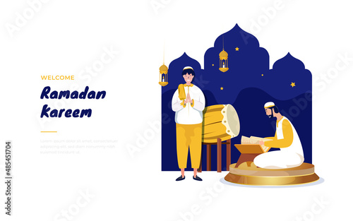 Ramadan at night with a Muslim read holy Quran for Islamic greetings post