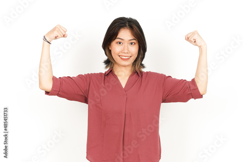 Showing Strength Arms Of Beautiful Asian Woman Isolated On White Background