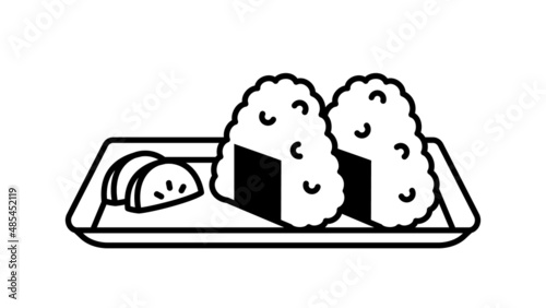 Two japanese rice balls and two pickles illustration.