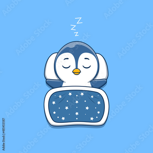 cute penguin sleeping with pillow and blanket
