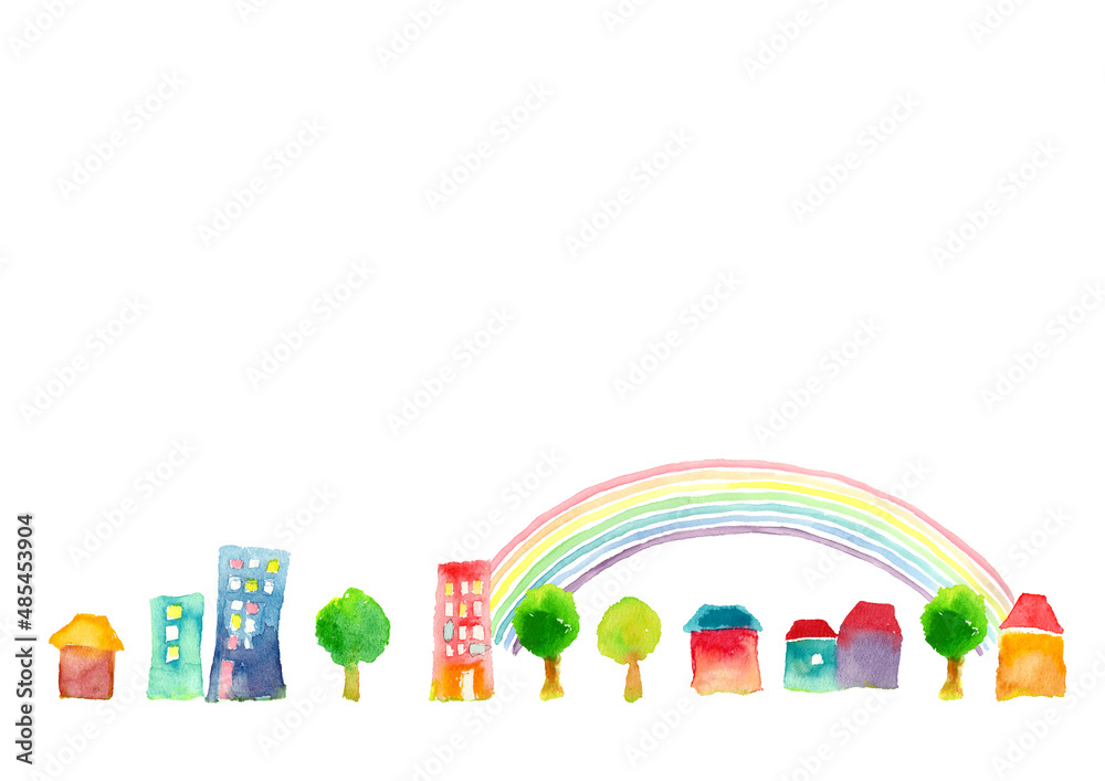 水彩で描いた虹と町並みのイラスト 水彩で描いた虹と町並みのイラスト
