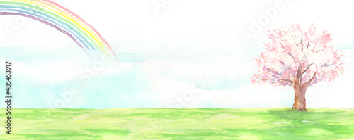 水彩で描いた虹と桜の風景