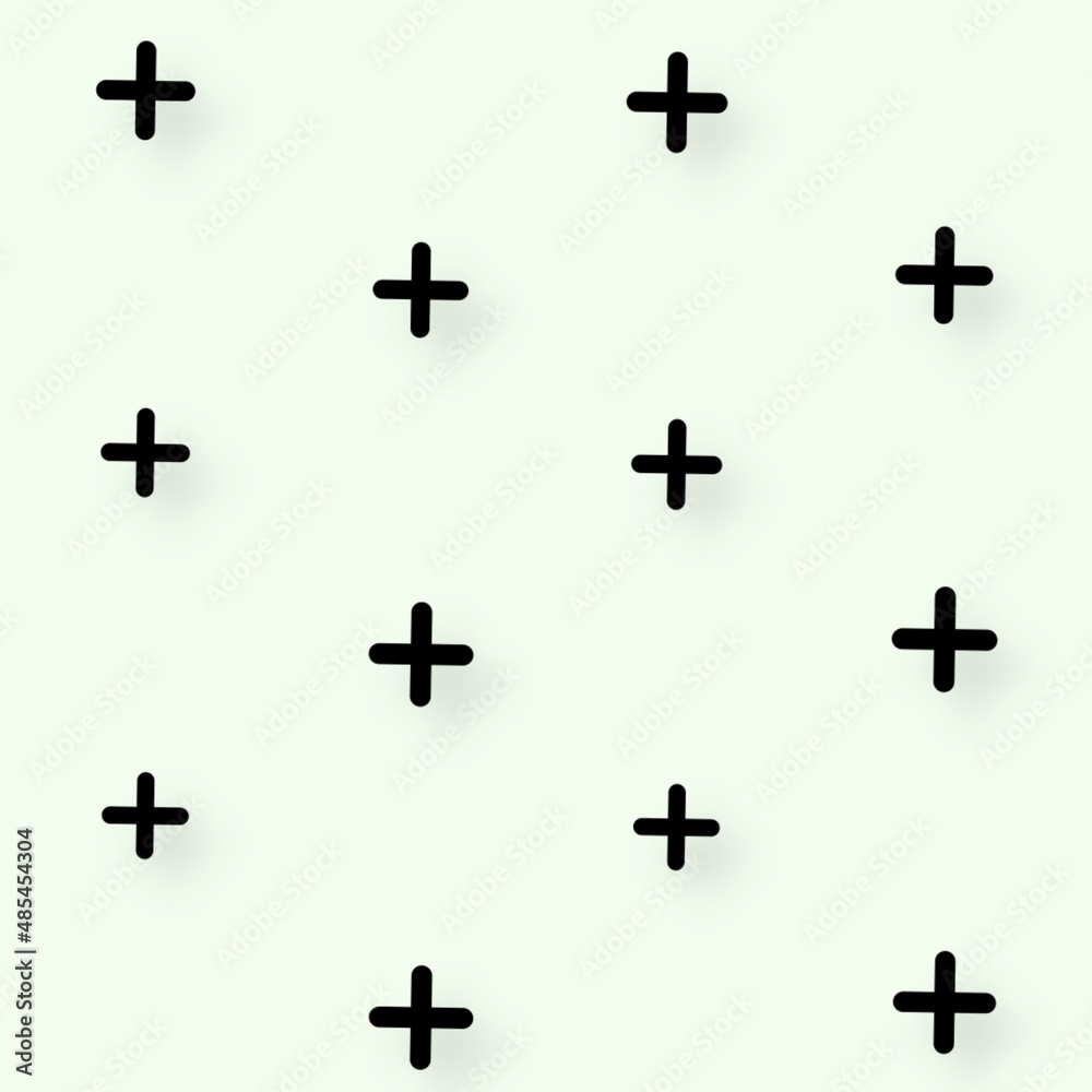 Pattern of black geometric shapes in retro, memphis 80s 90s style. Crosses shapes on white background. Vintage abstract background