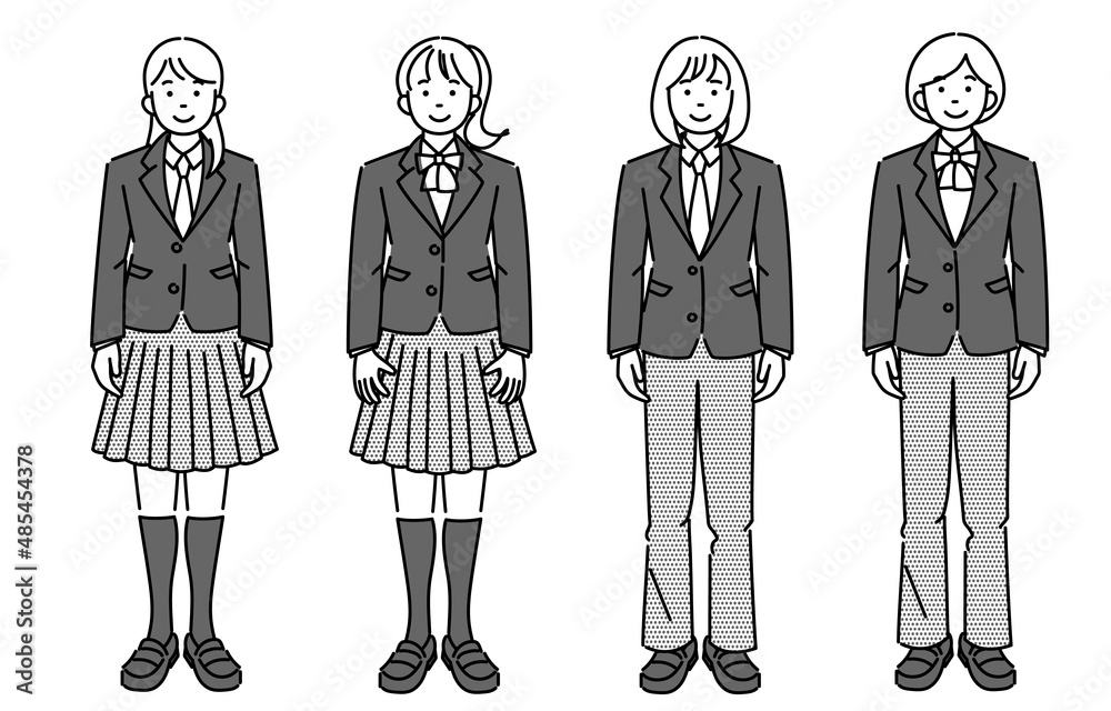 custom made wallpaper toronto digitalスラックスやスカート等、様々なタイプの学生服を着て正面を向いて立つ女子学生のモノクロイラストセット