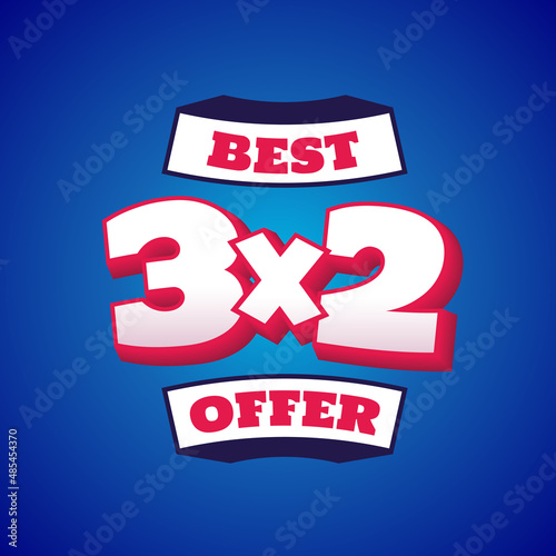 3x2 Half Price Commercial Tag. Thumbs Up Shopping Label. Promotion Template Banner Vector and stickers.Shopping Discount, Social Media Promo Content Advert. Store Off. Special Offer. Half Price. PROMO