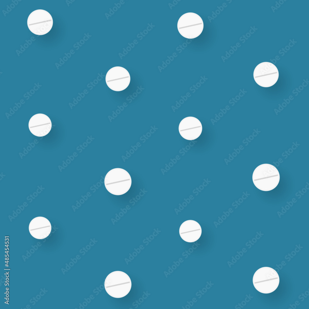 Colorful pattern of pills on blue background. Seamless pattern with tablets. Medical, pharmacy and healthcare concept