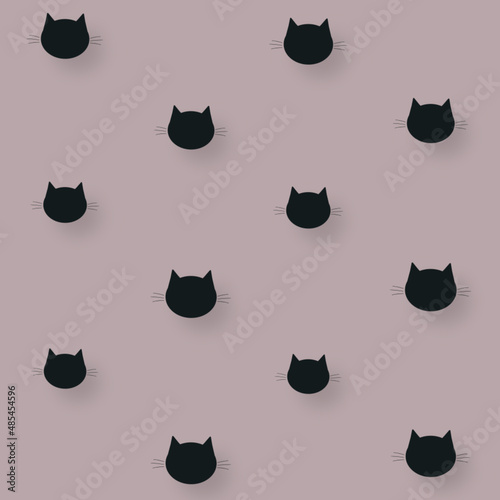 Colorful pattern of black cat heads. Seamless pattern with cat faces. Top view