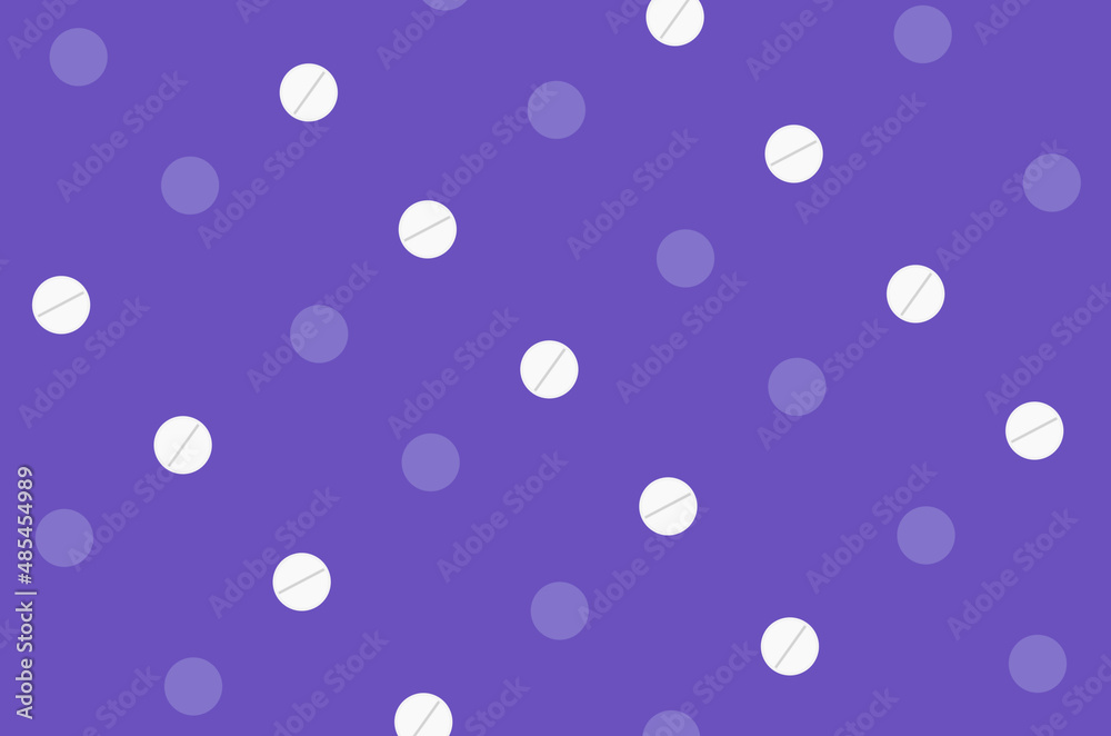 Colorful pattern of pills on purple background. Seamless pattern with tablets. Medical, pharmacy and healthcare concept