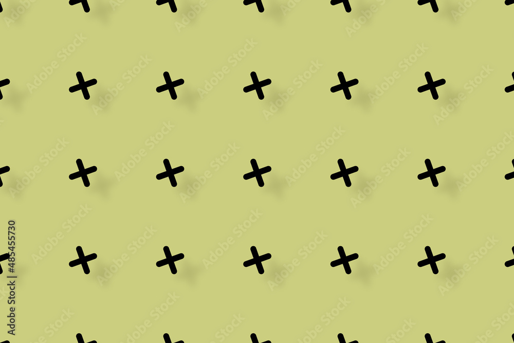 Pattern of black geometric shapes in retro, memphis 80s 90s style. Crosses shapes. Vintage abstract background