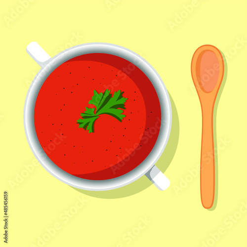 Tomato puree soup bowl with parsley healthy diet meal on plate. Vector illustration. Simple flat stock image. Hot vegetable cream soup on table healthy food nutrition
