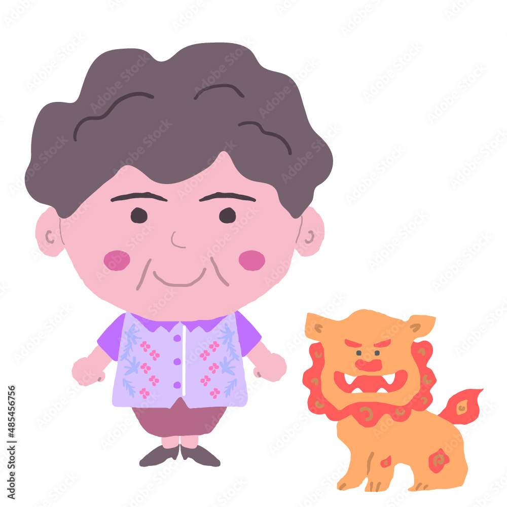 沖縄のかりゆしウェアを着た中年女性とシーサー 沖縄のかりゆしウェアを着た中年女性とシーサー