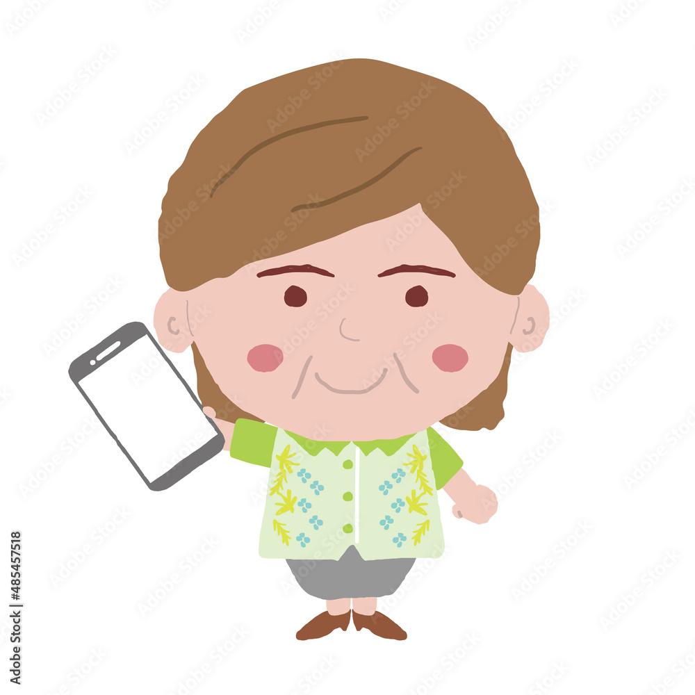 沖縄のかりゆしウェアを着た中年女性がスマホを持っている 沖縄のかりゆしウェアを着た中年女性がスマホを持っている