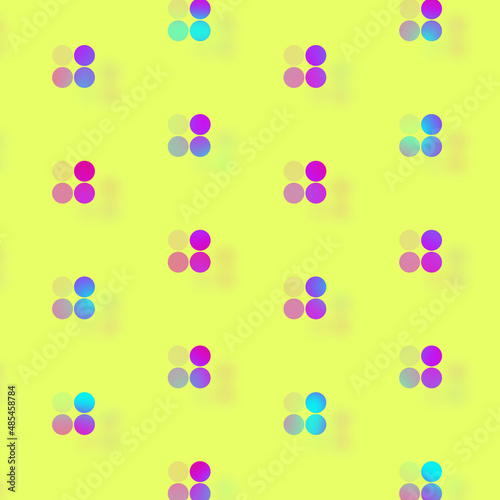 Pattern of geometric shapes in vibrant gradient holographic neon colors. Retro, memphis 80s 90s style. Point groups on yellow background