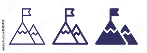 Flag on mountain top icon in graphic design. Mission symbol vector illustration.