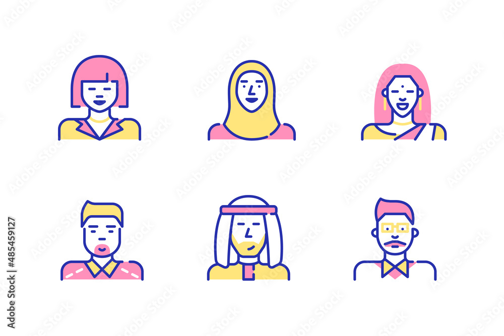 Line art avatar icons. Asian people including Chinese, Korean, Indian and Arab men and women. Pixel perfect, editable stroke, color Line art avatar icons. Asian people including Chinese, Korean, Indian and Arab men and women. Pixel perfect, editable stroke, color