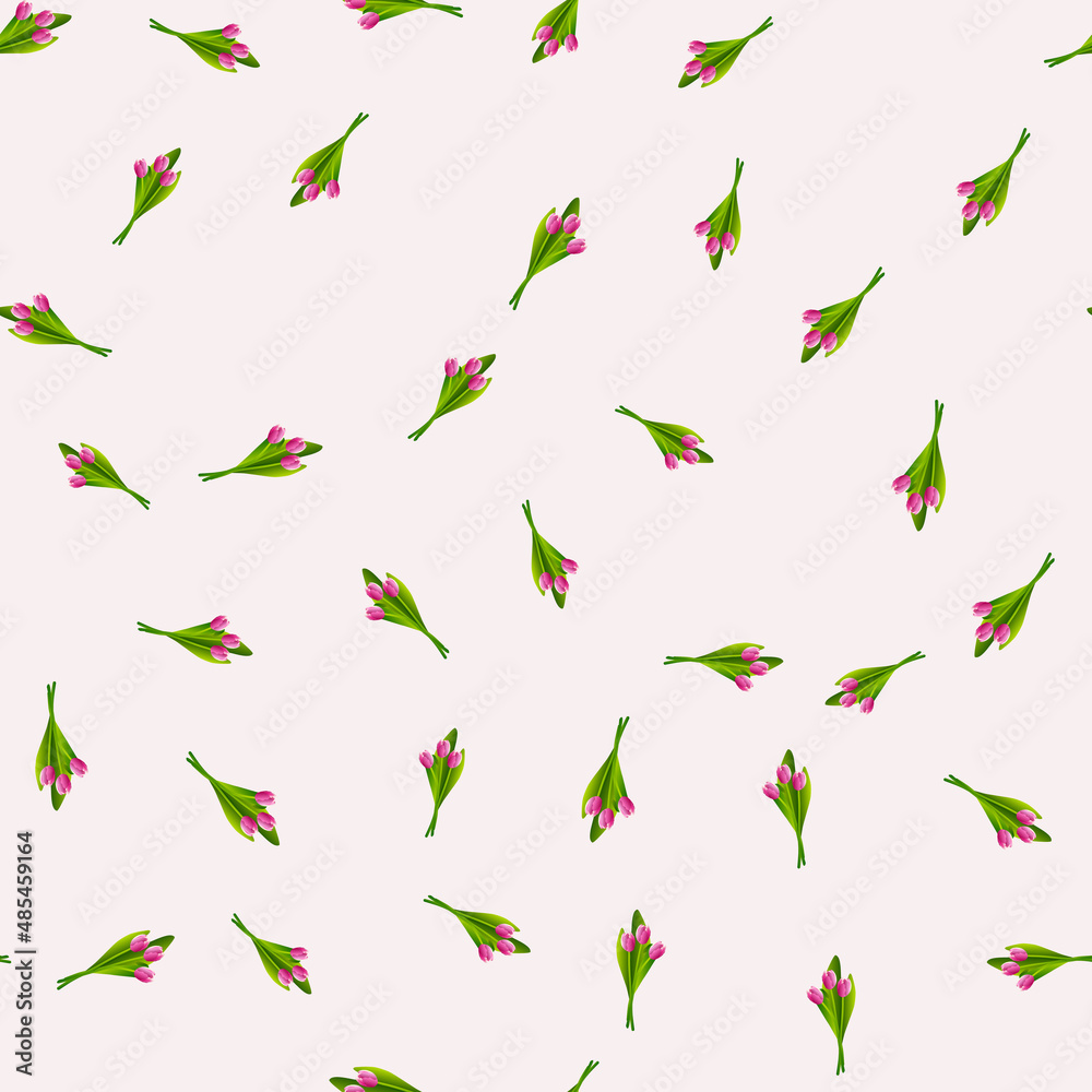 Seamless pattern with flowers. Abstract cute pattern on a Woman's Day with pink tulips on a white background. Random, chaotic pastel background with tulips. Spring postcard for March 8. Seamless pattern with flowers. Abstract cute pattern on a Woman's Day with pink tulips on a white background. Random, chaotic pastel background with tulips. Spring postcard for March 8.