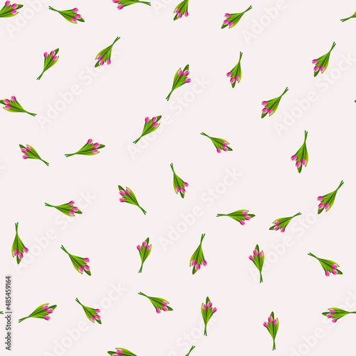 Seamless pattern with flowers. Abstract cute pattern on a Woman's Day with pink tulips on a white background. Random, chaotic pastel background with tulips. Spring postcard for March 8.