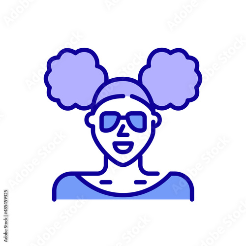 African American girl with two side buns hairstyle, cute sunglasses and earrings. Pixel perfect, editable stroke color avatar icon
