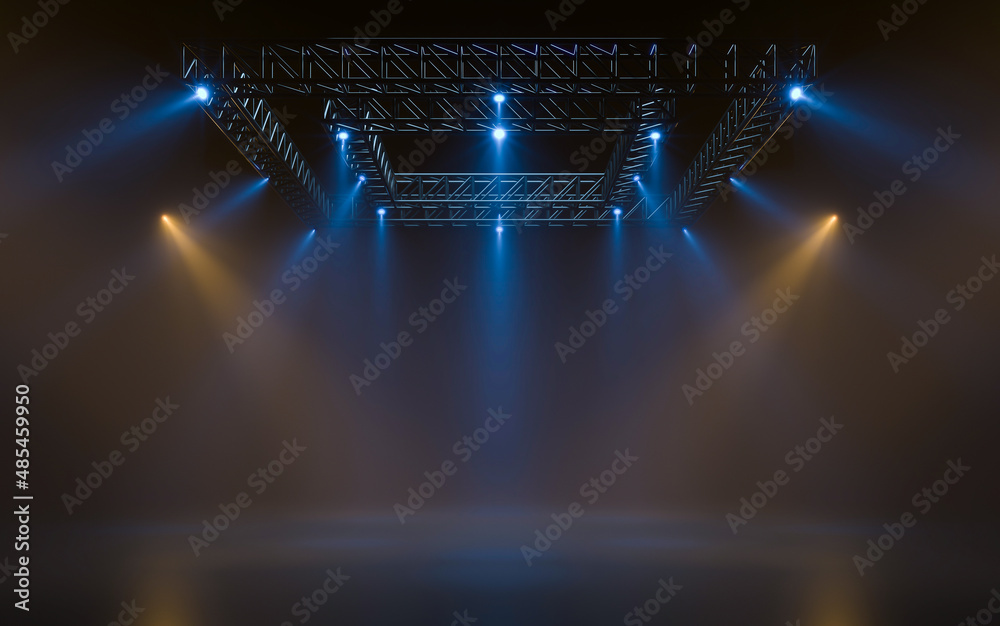 Empty stage with lighting equipment on a stage. Spotlight shines on the stage. 3d rendering - obrazy, fototapety, plakaty 