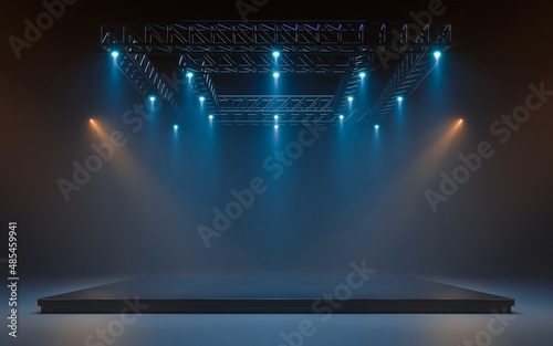 Empty stage with lighting equipment on a stage. Spotlight shines on the stage. 3d rendering photo