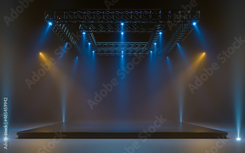 Empty stage with lighting equipment on a stage. Spotlight shines on the stage. 3d rendering