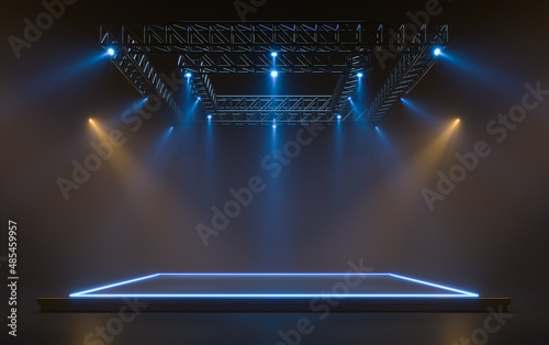 Empty stage with lighting equipment on a stage. Spotlight shines on the stage. 3d rendering photo
