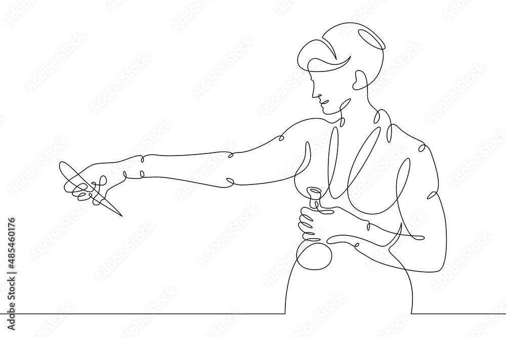 One continuous line.Laboratory assistant in the laboratory. The pharmacist prepares the medicine. The chemist is experimenting. Continuous line drawing.Line Art isolated white background.