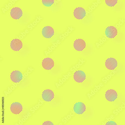 Pattern of geometric shapes in vibrant gradient holographic neon colors. Retro, memphis 80s 90s style. Circles shapes of lines on yellow background