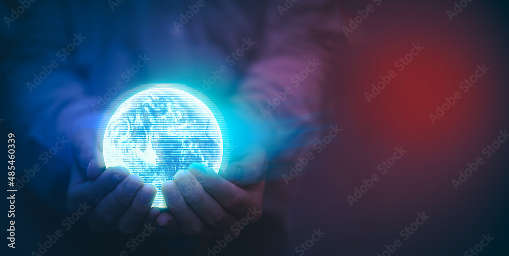 businessman hold hologram global world represent for social media online internet control concept