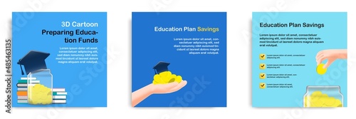 3D cartoon style. Social media informative education fund tips post banner template layout design. Hand with coin money with graduation cap concept.