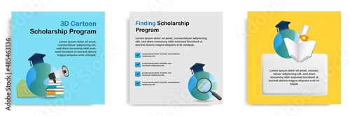 3D cartoon style. Social media informative school college scholarship promotion program tips post banner template layout design. earth globe with cap, megaphone , money concept.
