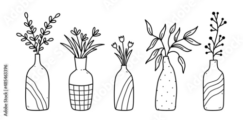 Set of cute flowers and twigs in ceramic vases isolated on white background. Vector hand-drawn illustration in doodle style. Perfect for cards, decorations, logo.