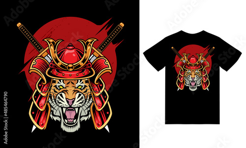 Tiger samurai illustration with tshirt design premium vector