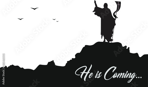 Jesus Christ is coming again. Jesus on the calvary mountain isolated on white background. Silhouette of Calvary hill and Jesus Christ resurrection on the mountain on easter sunday